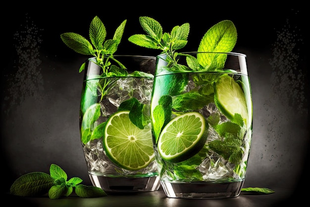 Vol glas aangename verfrissende mojito-cocktails met limoen en muntblaadjes