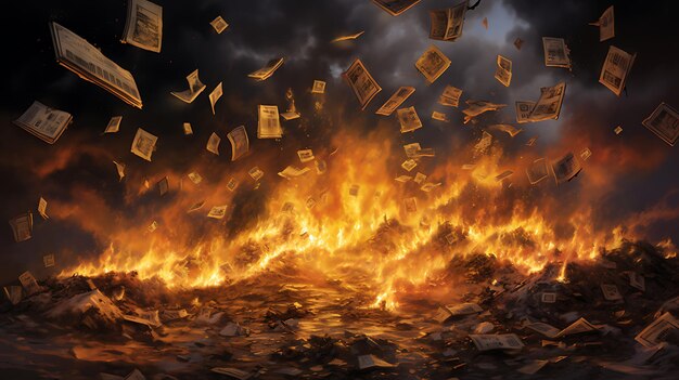 Photo volatility of the financial markets with an intense image of burning banknotes