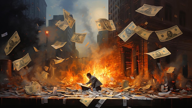 volatility of the financial markets with an intense image of burning banknotes