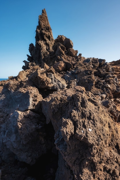 Volcanic coastline landscape. Rocks and lava formations in El Hierro, Canary islands, Spain. High quality photo