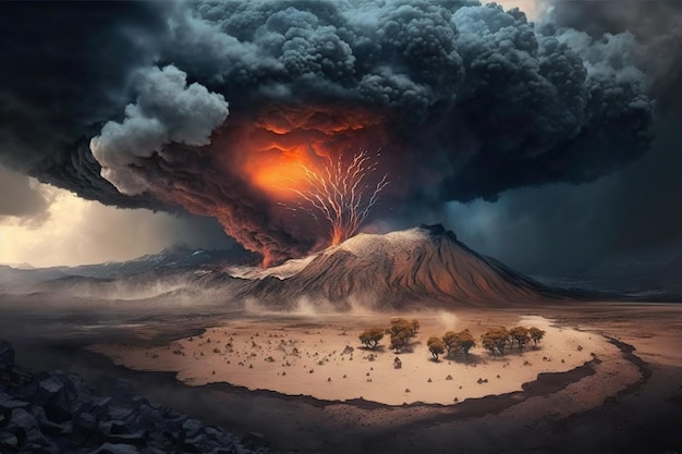 화산 폭발 아이 화산은 뜨거운 용암 불과 연기구름과 함께 분출합니다.