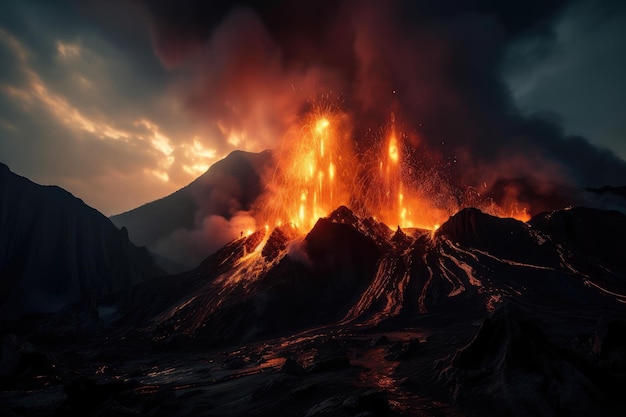 Volcanic eruption in the form of a fiery spectacle with lava rolling down the mountain