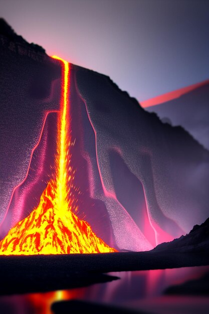 写真 火山噴火 高温マグマ流が自然風景を形成する 金色の溶岩の背景