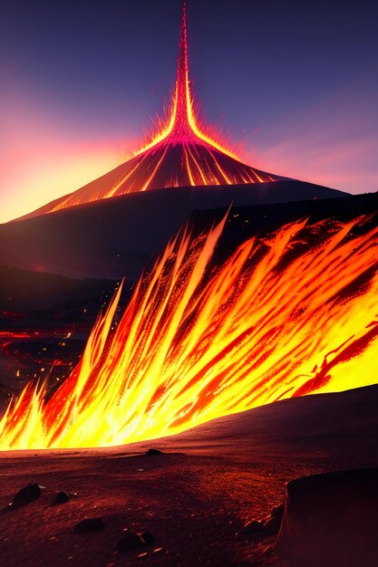 Volcanic eruption high temperature magma flow forming natural landscape golden lava background