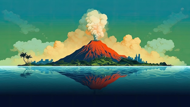 Photo volcanic eruption in image of island reflected in lake generative ai