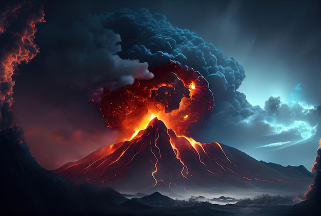 Извержение вулкана в Индонезии Мощный взрыв Лавовые потоки Много дыма и огня Генеративный ИИ Арт Апокалипсис
