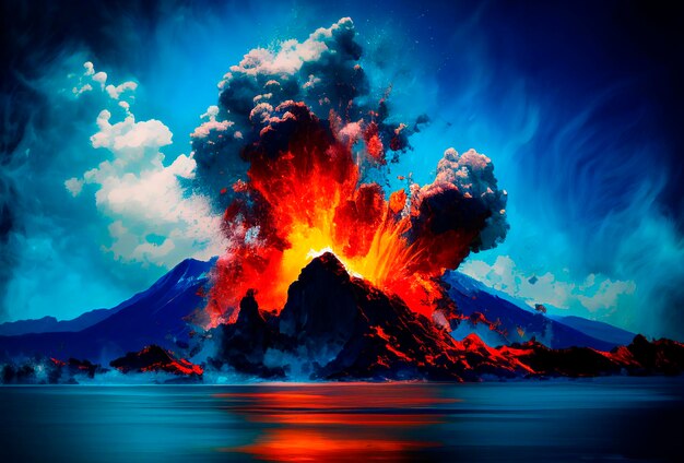 Volcanic eruption on the island illustration Blue sky and water ocean sea Generative AI