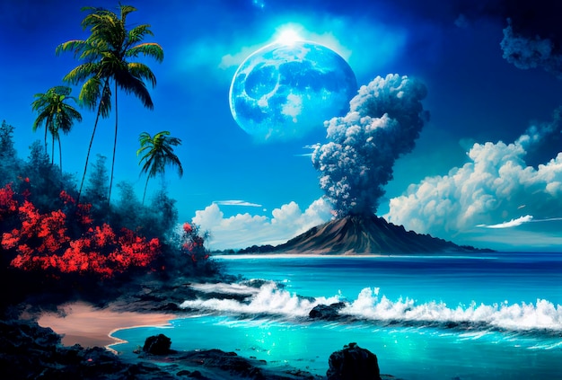 Volcanic eruption on the island illustration blue sky and water ocean sea generative ai