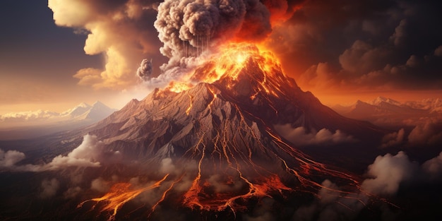 Photo volcanic eruption a large volcano spewing hot lava and gases into the atmosphere generative ai