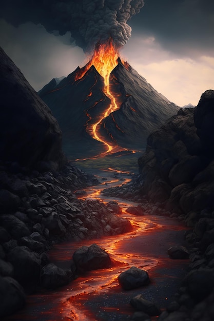 Volcanic eruption at night Generative AI Fantasy landscape