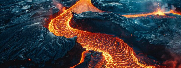 Photo volcanic eruption process landscape of volcano with exploding and flowing lava and magma