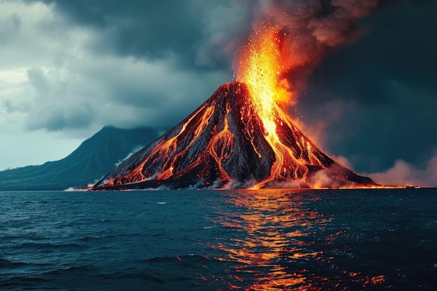 Foto un'eruzione vulcanica che rilascia lava fusa nell'oceano un vulcano in eruzione su un'isola isolata