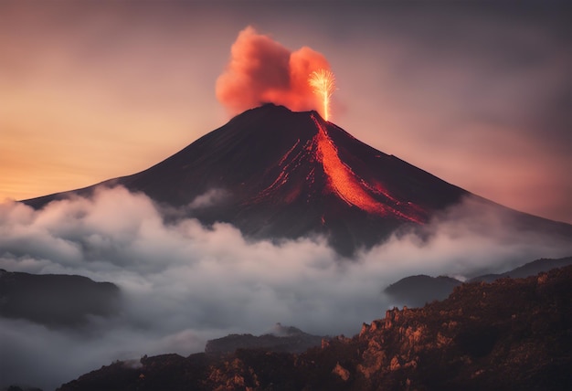 日の出時の火山噴火