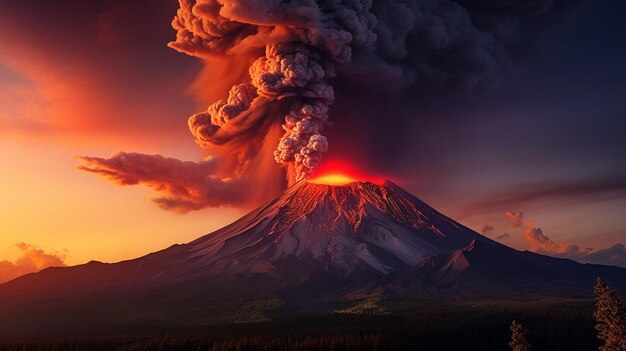 Photo volcanic eruption at sunset