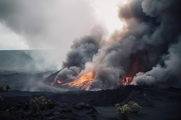 霧と煙に囲まれた火山から噴出する溶岩流を伴う火山噴火