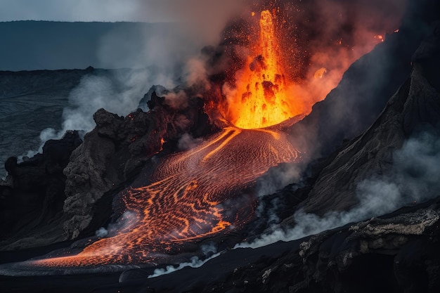 Volcanic eruption with lava flow cascading down the side of a mountain