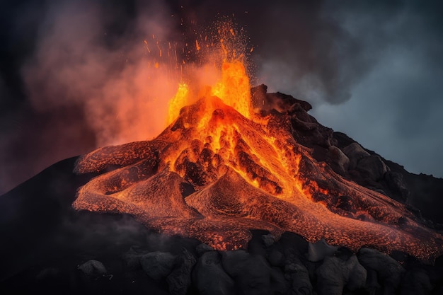 Volcanic eruption with lava flow cascading down the side of a mountain