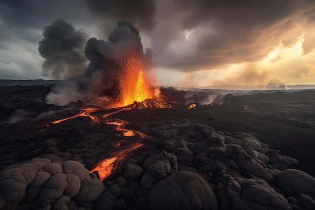Volcanic eruption with lava flow in the foreground and dramatic sky in the background