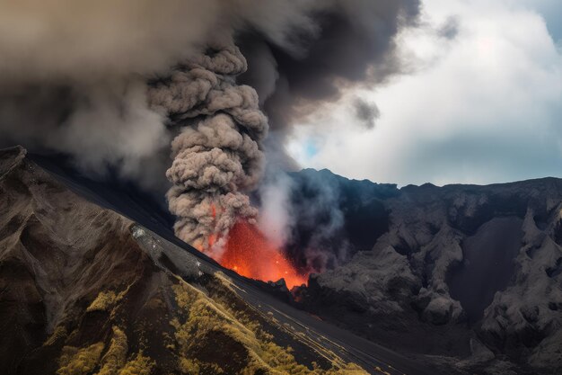 溶岩流が山の斜面を下って下の谷に流れ込む火山噴火