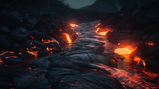 溶岩流生成 ai による火山噴火