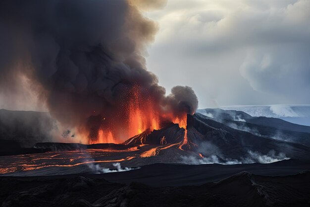 Извержение вулкана с потоками лавы, извивающимися по склону горы, и дымом, поднимающимся из кратера.