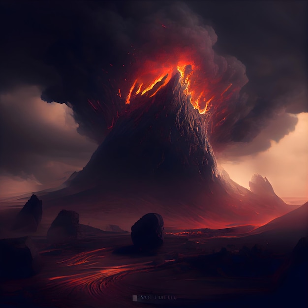 Volcanic eruption with lava and smoke 3D illustration