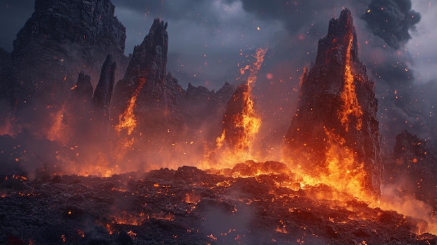 Volcanic eruption with lava and smoke