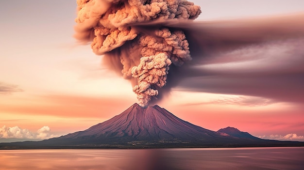 Foto un'eruzione vulcanica con un imponente pennacchio di fumo e cenere che sale verso il cielo