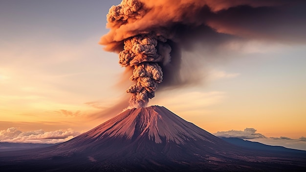 Photo a volcanic eruption with a towering plume of smoke and ash ascending into the sky