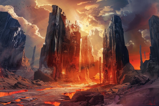 volcanic fissure landscape with molten lava and towering rock formations