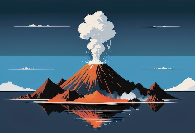 칼데라 에서 증기가 아오르는 화산 섬