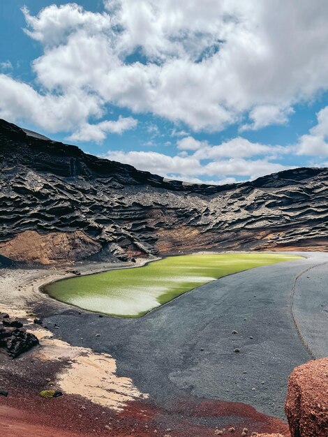 Volcanic lake on cloudy day