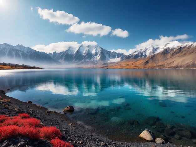 Volcanic lake panoramic view with snowy mountains in the backdrop