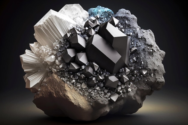 Volcanic mineral rock with large black and white shiny crystals