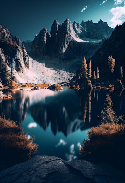 Volcanic mountain in evenning light reflected in calm waters of lake