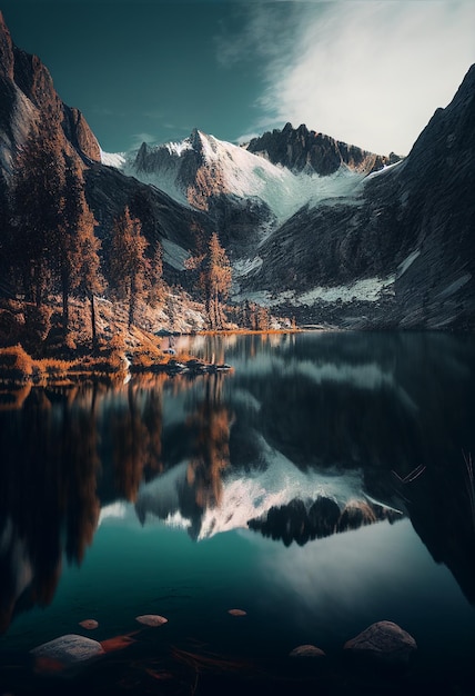 Volcanic mountain in evenning light reflected in calm waters of lake