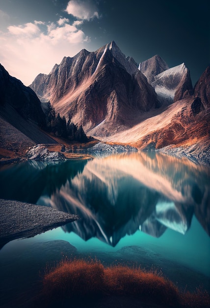 Volcanic mountain in evenning light reflected in calm waters of lake