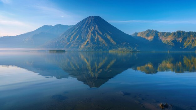 Volcanic mountain in morning light reflected in calm waters of lake