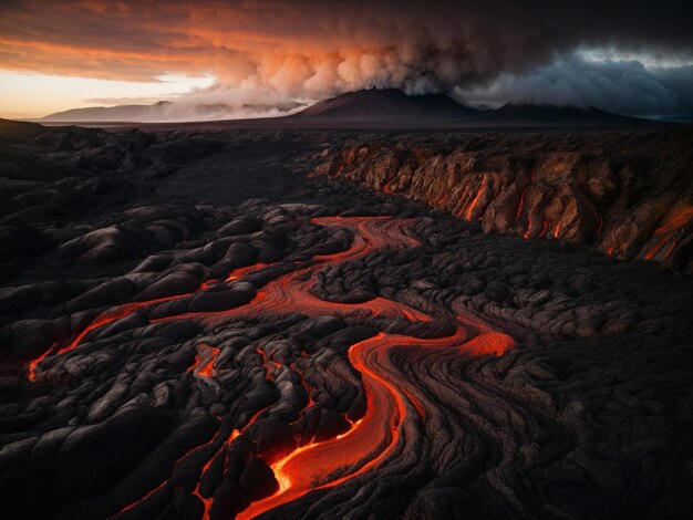 Photo a volcanic realm with lava rivers dark skies