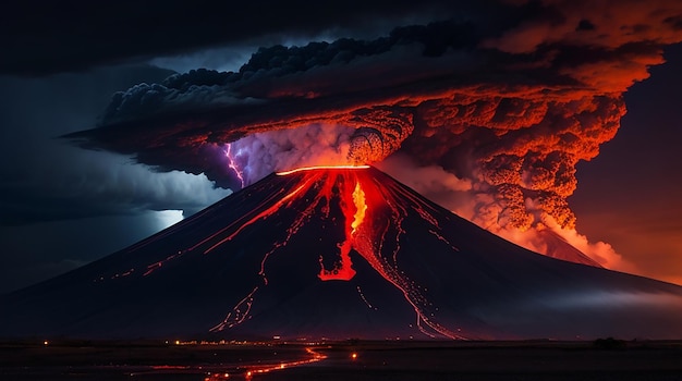 Foto esplosione del vulcano in una notte di temporali