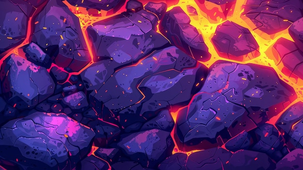 Foto una consistenza di massi vulcanici con lava in crepe e pietre rotte con effetti di luce nelle fessure e rupture di superficie illustrazione moderna
