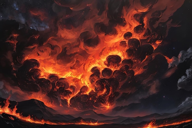 A volcano colossal eruption illuminat with fire and smoke