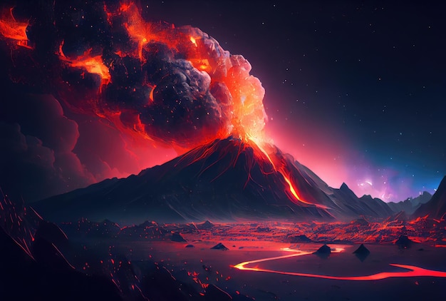 Il vulcano eruttò con lava calda e fumo nero che ricoprì il cielo natura e concetto di disastro ia generativa
