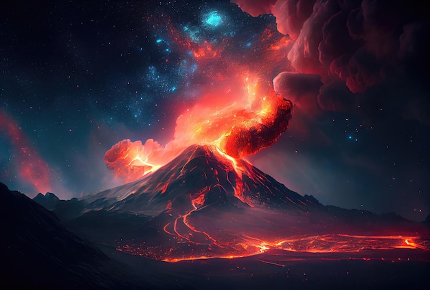 The volcano erupted with hot lava and black smoke covering the sky Nature and disaster concept Generative AI