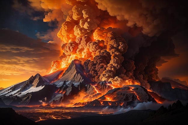 写真 煙と火の油絵のスタイルで空に噴火する火山