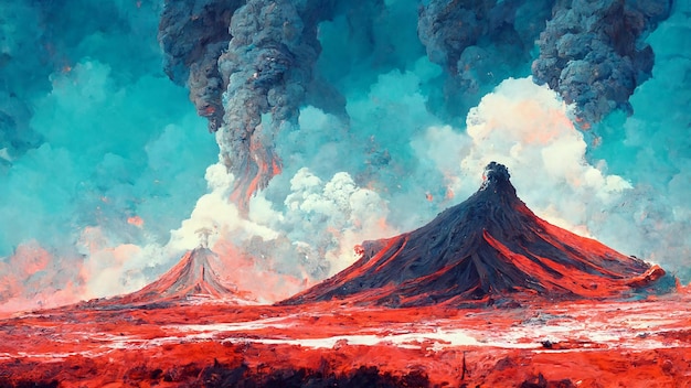 Volcano erupting landscape watercolor painting background