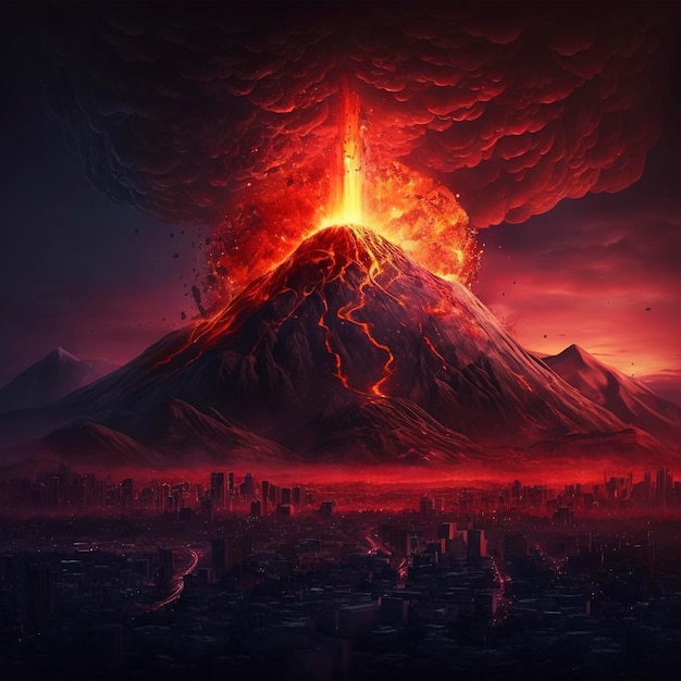 Photo volcano erupting, magma falling from sky, destroying city below it