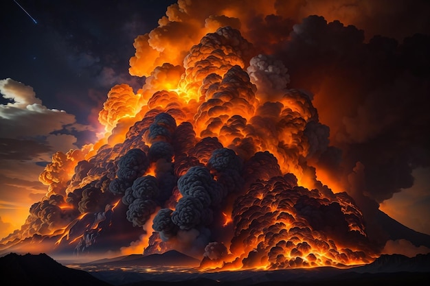 煙と火の油絵のスタイルで空に噴火する火山