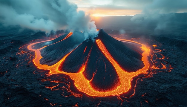 Volcano Erupting volcano Redhot lava Fantastic landscape of the valley of volcanoes