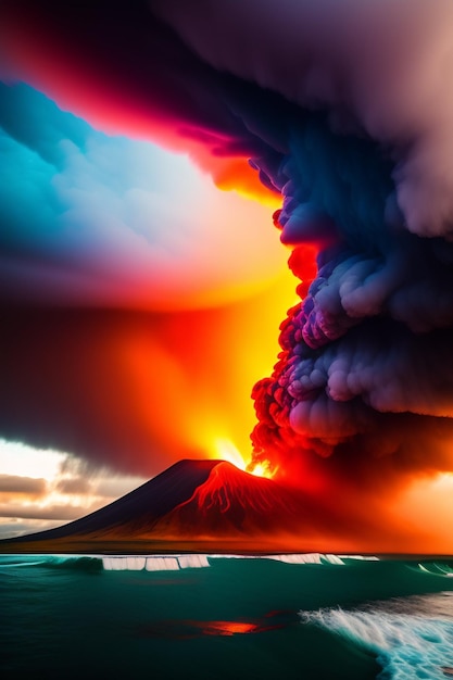 Foto un vulcano in eruzione con fumo e nuvole